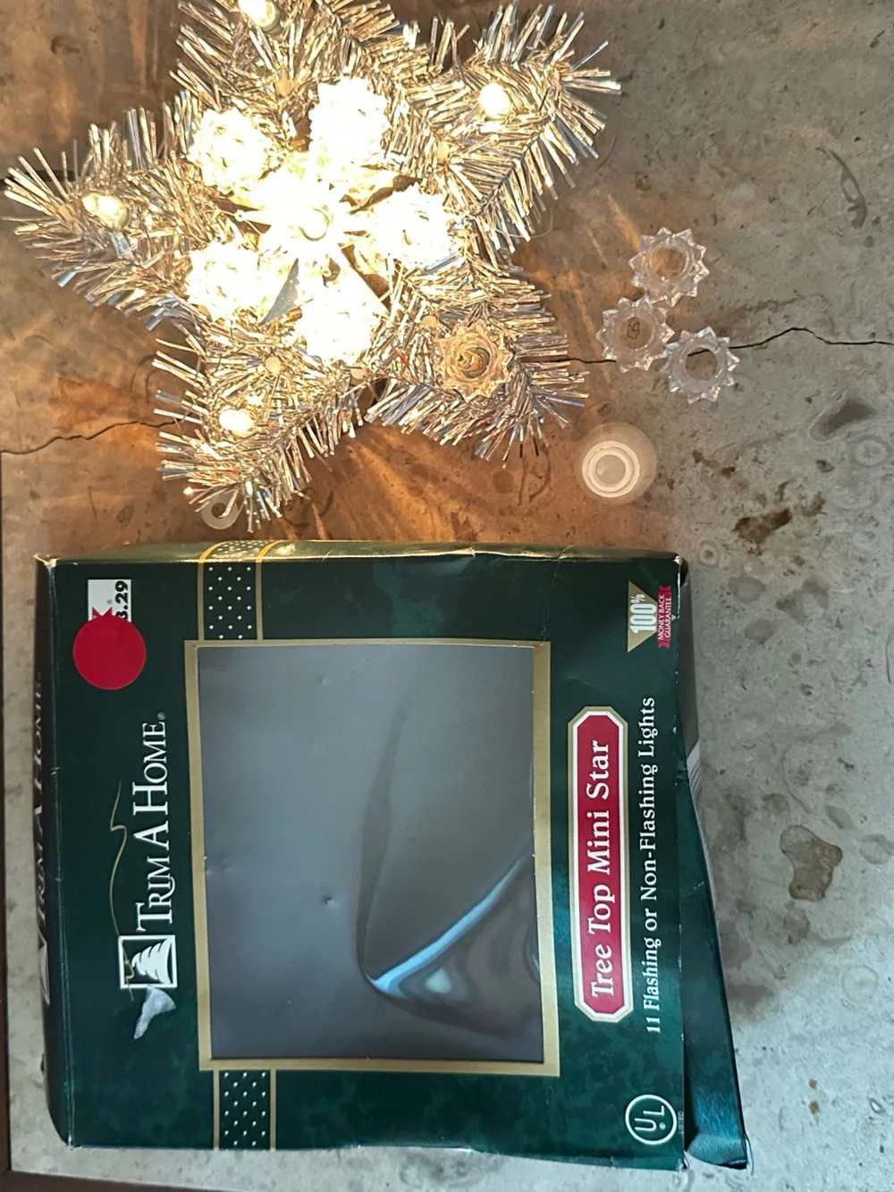 Silver Star Tree Top with Lights 6” With Box Works